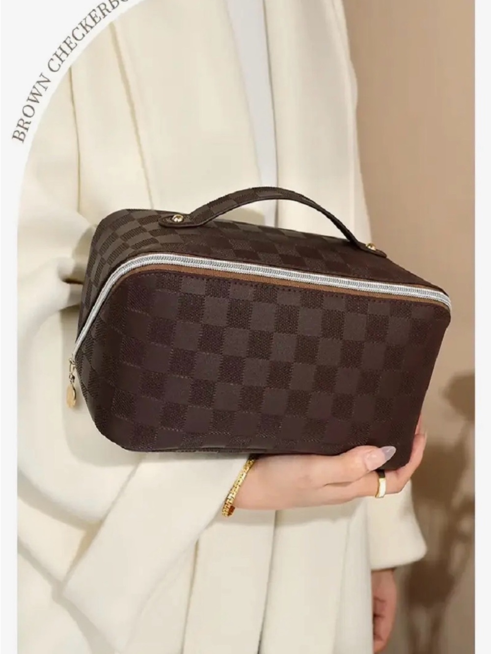 Brown Checkered Cosmetic Train Case | SMB002 - Picture 3 of 3